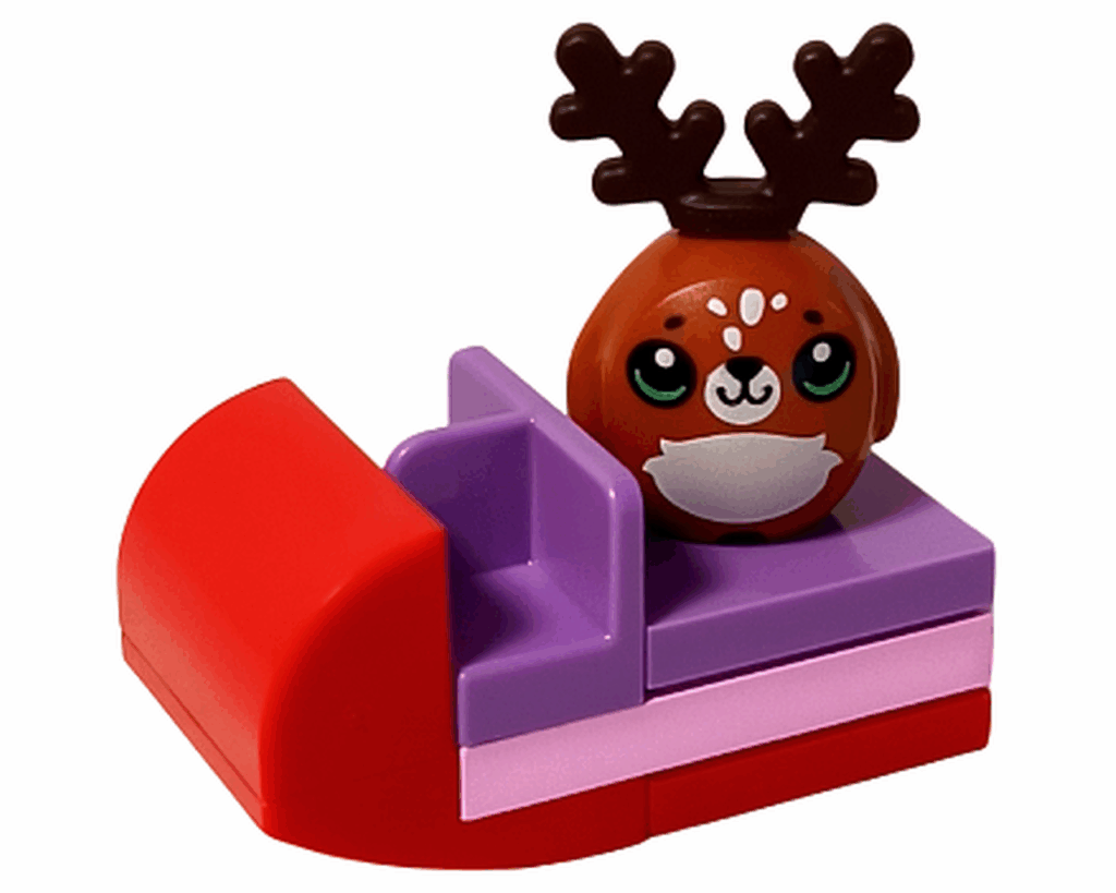 LEGO Friends 42668 ソリに乗るトナカイ人形の完成形。赤とピンクのソリに丸いトナカイが乗っている。
