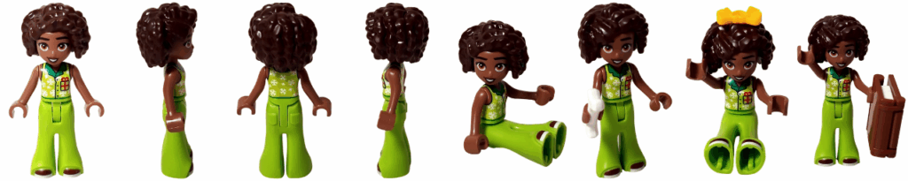 LEGO Friends 42668 アリヤ ミニドール 全8ポーズ一覧（正面・側面・背面・座り・骨やリボン、本などの小物付き）