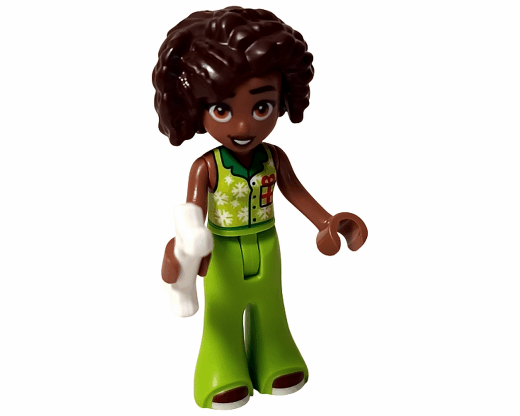 LEGO Friends 42668 アリヤ ミニドールが白い骨を持っている。笑顔でプレゼントしているような姿。