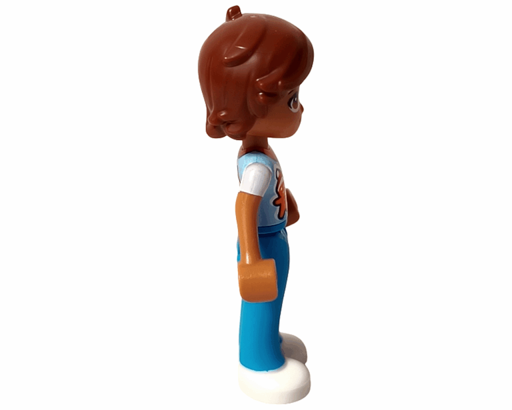 LEGO Friends 42668 レオ ミニドール右側。ふんわりしたブラウンヘアとブルーのパンツが見える。