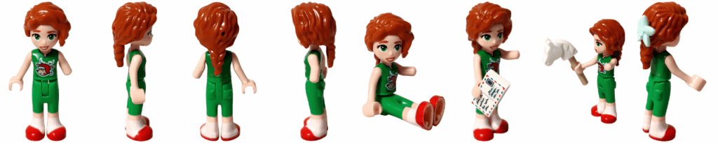 LEGO Friends 42668 オータム ミニドール 全8ポーズ一覧（正面・側面・背面・座り・手紙や木馬ステッキ、青い花の髪飾りなどの小物付き）