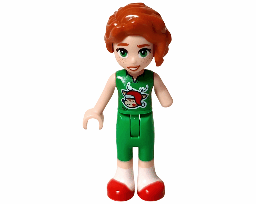 LEGO Friends 42668 オータム ミニドール正面。緑のトップスにトナカイ帽をかぶったキャラのプリントがある。