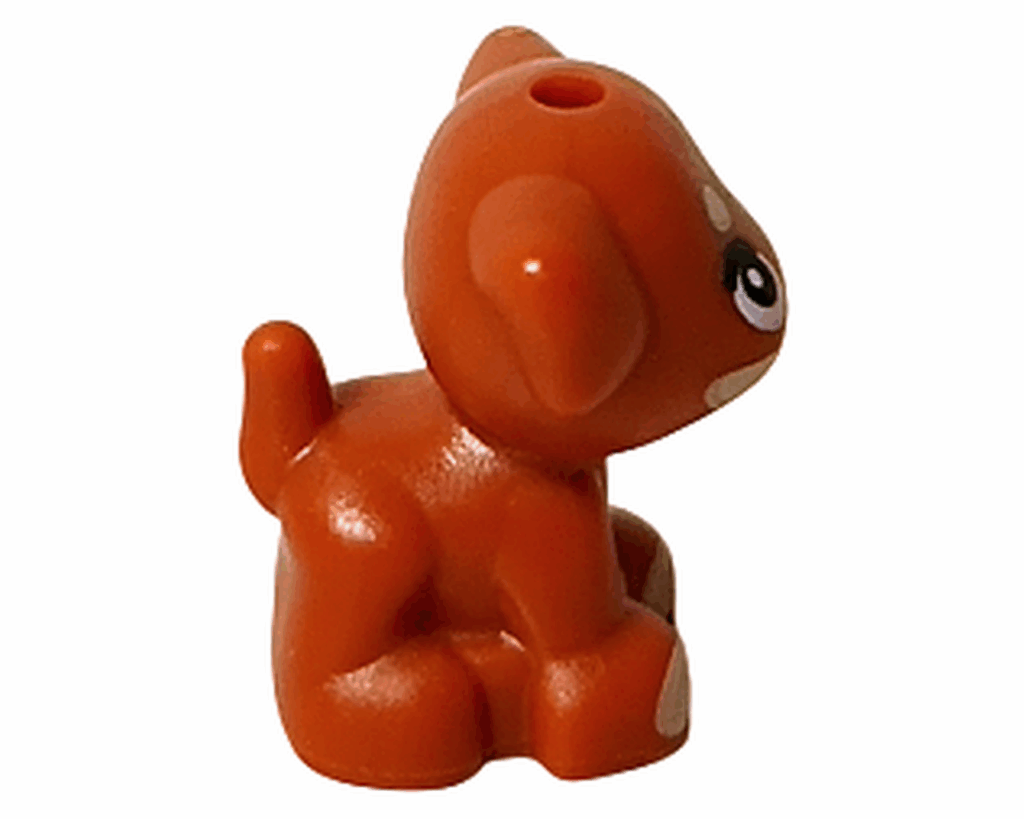 LEGO Friends 42668 アイラ 動物フィギュア 右側。茶色い子犬のしっぽが軽く上を向いた姿。自然なカーブがかわいらしい横向きの姿。