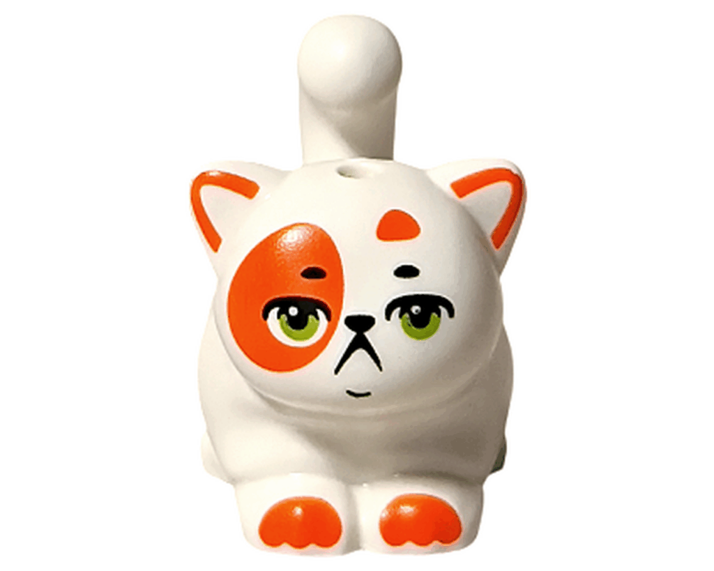 LEGO Friends 42668 チュロス 動物フィギュア 正面。レオのペットである白いネコ。左目のまわりにオレンジの模様があり、緑の瞳が印象的な正面姿。