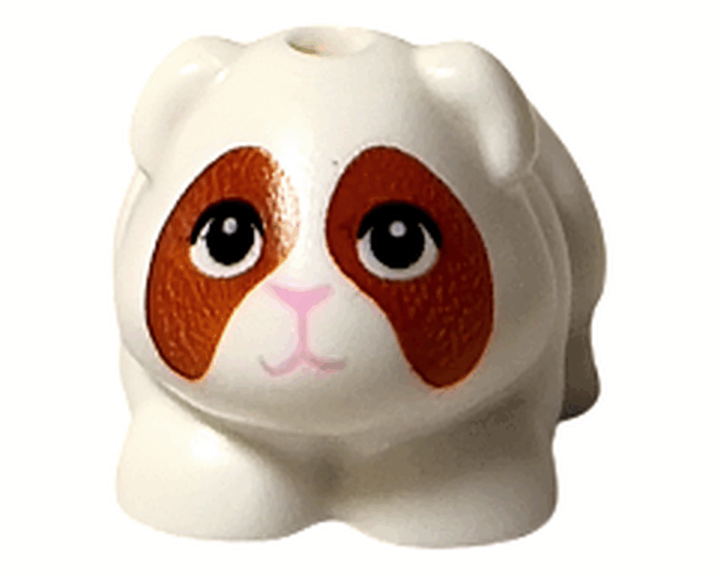 LEGO Friends 42668 モルモット 動物フィギュア 正面。白いボディに茶色の模様が入ったモルモット。かわいらしい目が特徴。