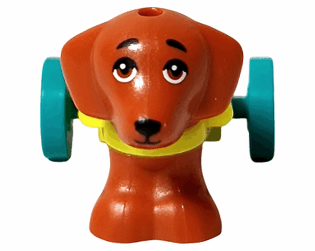 LEGO Friends 42668 ピクルス 動物フィギュア 正面。ノヴァのペットである茶色い犬。ターコイズの車輪をつけ、やさしい瞳で前を見ている正面姿。