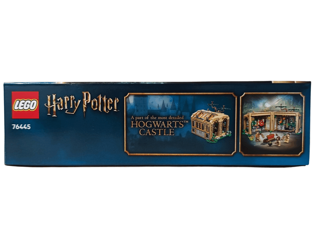 LEGO Harry Potter 76445 パッケージ側面。 左側にLEGOとHarry Potterのロゴ、中央に「最も精巧なホグワーツ城の一部」と記されたコピー、右端に温室外観と授業風景が描かれている。