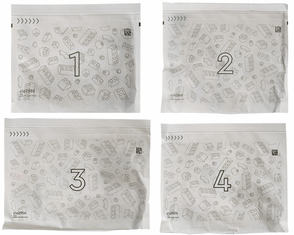 LEGO Harry Potter 76445 ホグワーツ城：薬草学の授業 中袋。 番号1〜4の紙製パーツ袋が並び、それぞれ温室の床・壁・植物・ミニフィギュアなどのパーツが分けられている。 背景は白の撮影台で、パーツ袋の材質や質感がわかる写真。