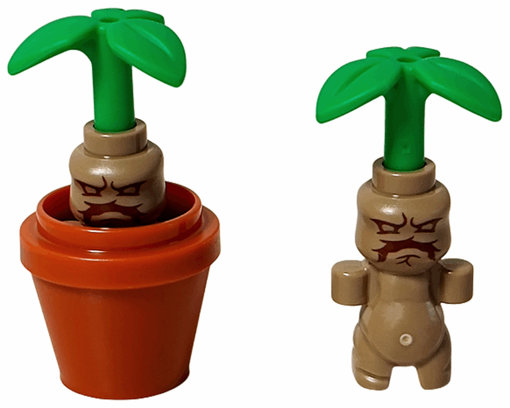 LEGO Harry Potter 76445 ホグワーツ城：薬草学の授業 マンドレイク。 茶色い体に怒った表情がプリントされ、頭部から緑の葉が伸びるデザイン。 鉢に植えた状態と引き抜いた状態の2種類を再現できる。