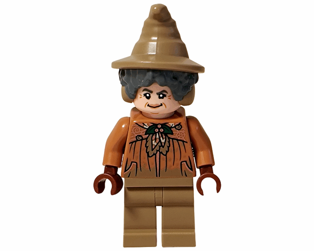 LEGO Harry Potter 76445 スプラウト先生 ミニフィグ正面。茶色のローブに植物柄、先のとがった帽子をかぶっている。
