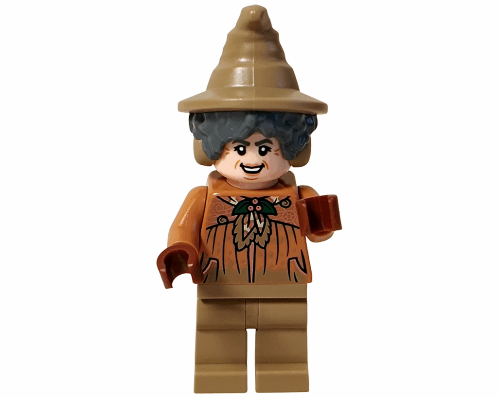 LEGO Harry Potter 76445 スプラウト先生 ミニフィグの笑顔フェイス。帽子をかぶってにっこりしている。