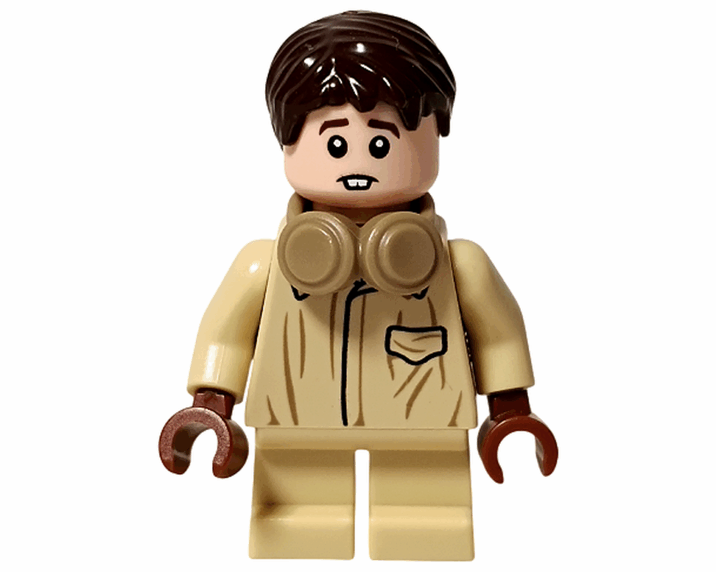 LEGO Harry Potter 76445 ネビル・ロングボトム ミニフィグ正面。クリーム色のローブにイヤーマフを首にかけた姿。