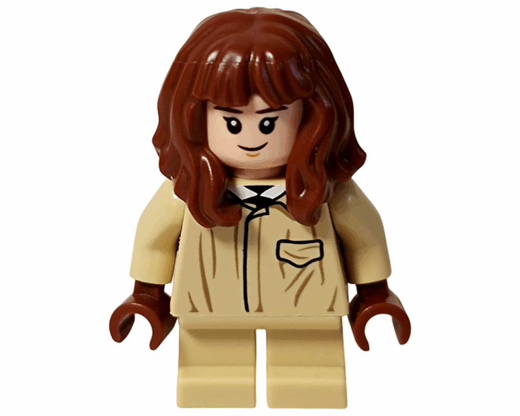 LEGO Harry Potter 76445 ハーマイオニー ミニフィグ正面。淡いベージュのローブに茶色の手袋をつけた姿。