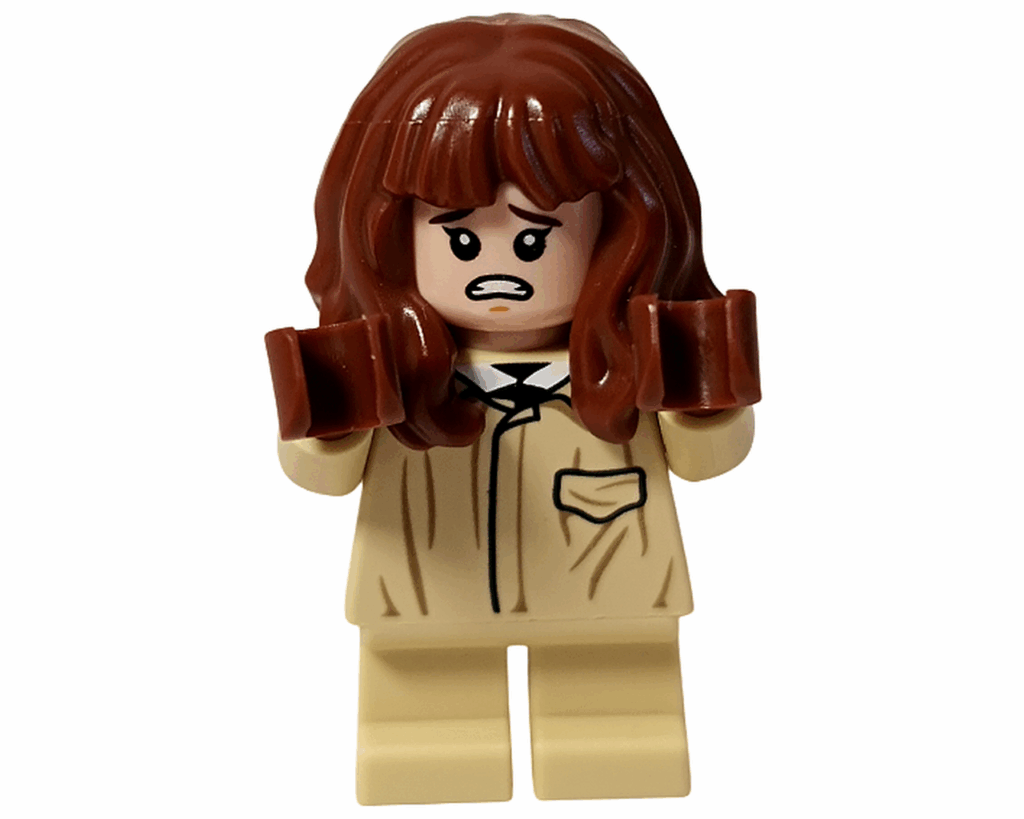 LEGO Harry Potter 76445 ハーマイオニー ミニフィグ驚き顔。眉を寄せ、驚いた表情をしている。