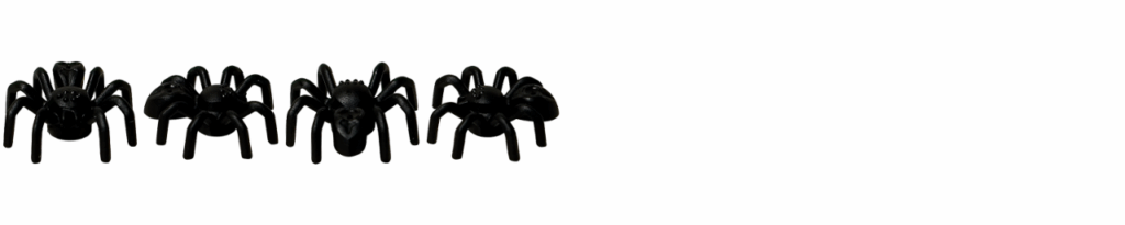 LEGO Harry Potter 76445 黒クモ フィギュア全4方向。正面・背面・右側面・左側面からの姿。黒色の8本脚が特徴のクモパーツ。