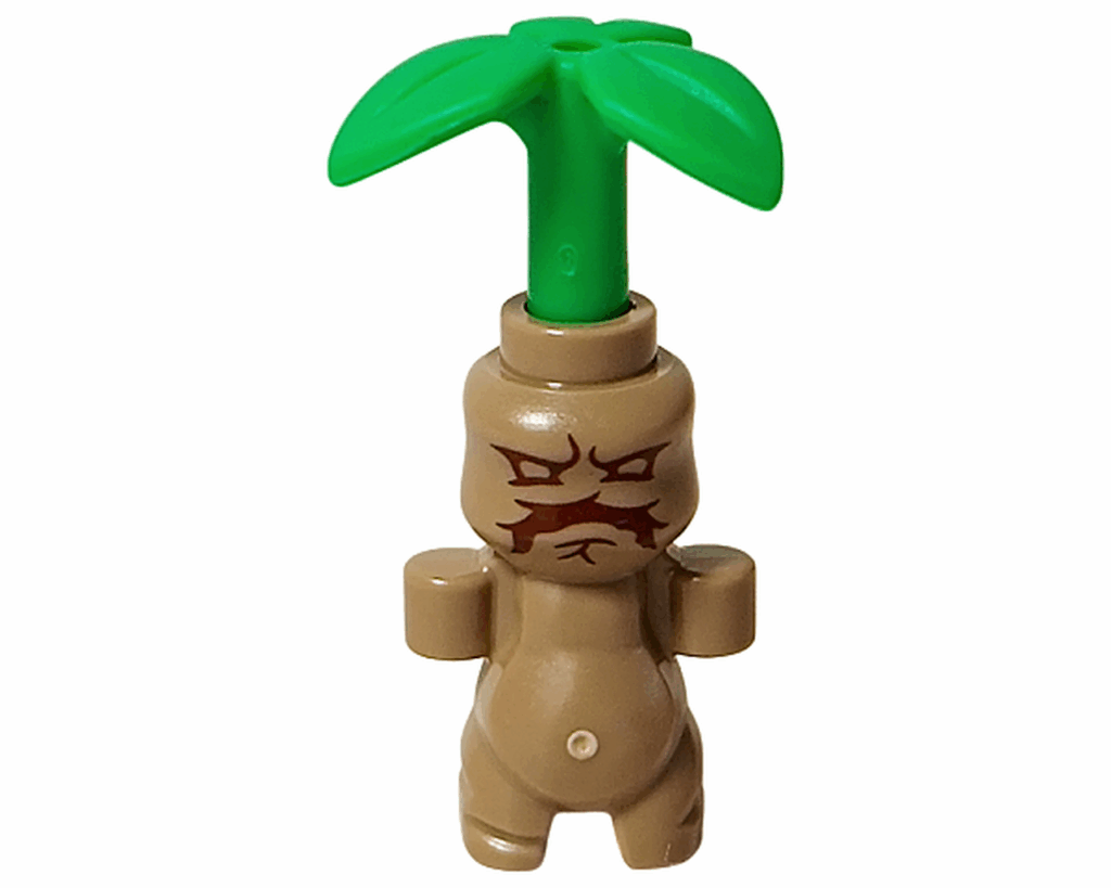 LEGO Harry Potter 76445 マンドレイク フィギュア正面。茶色い根っこのボディに緑の葉が生えており、怒った表情をしている。