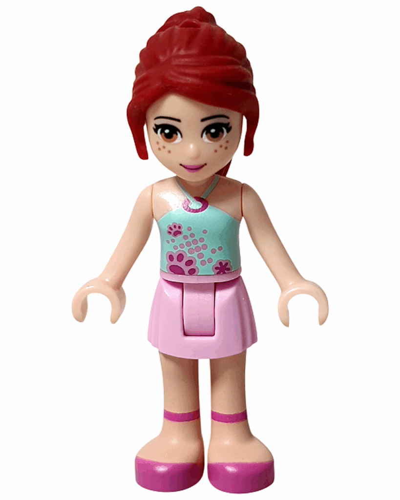 レゴ フレンズ 3939 ルームデコセット ミアのミニドール正面。赤毛のポニーテールと花柄トップス、ピンクのスカートを着用