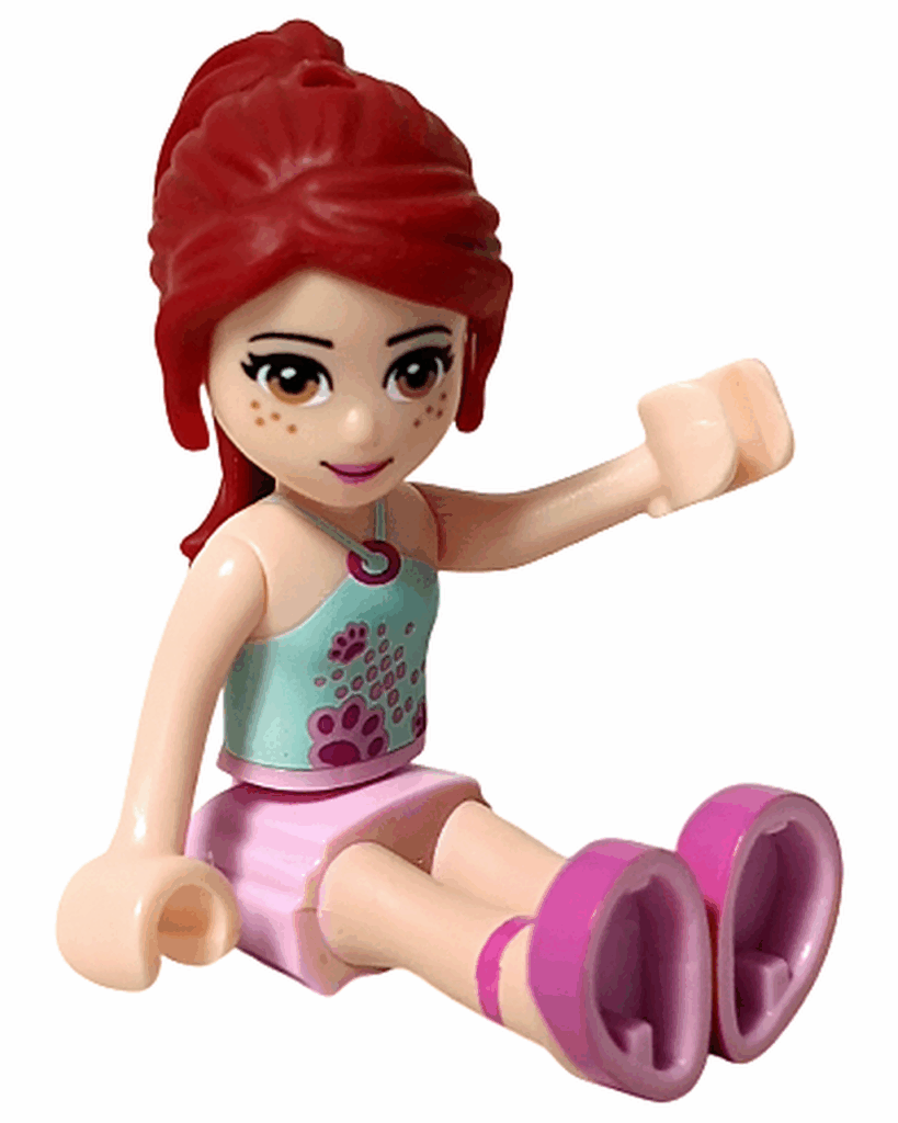 レゴ フレンズ 3939 ルームデコセット ミアのミニドール座りポーズ。片手を上げて笑顔