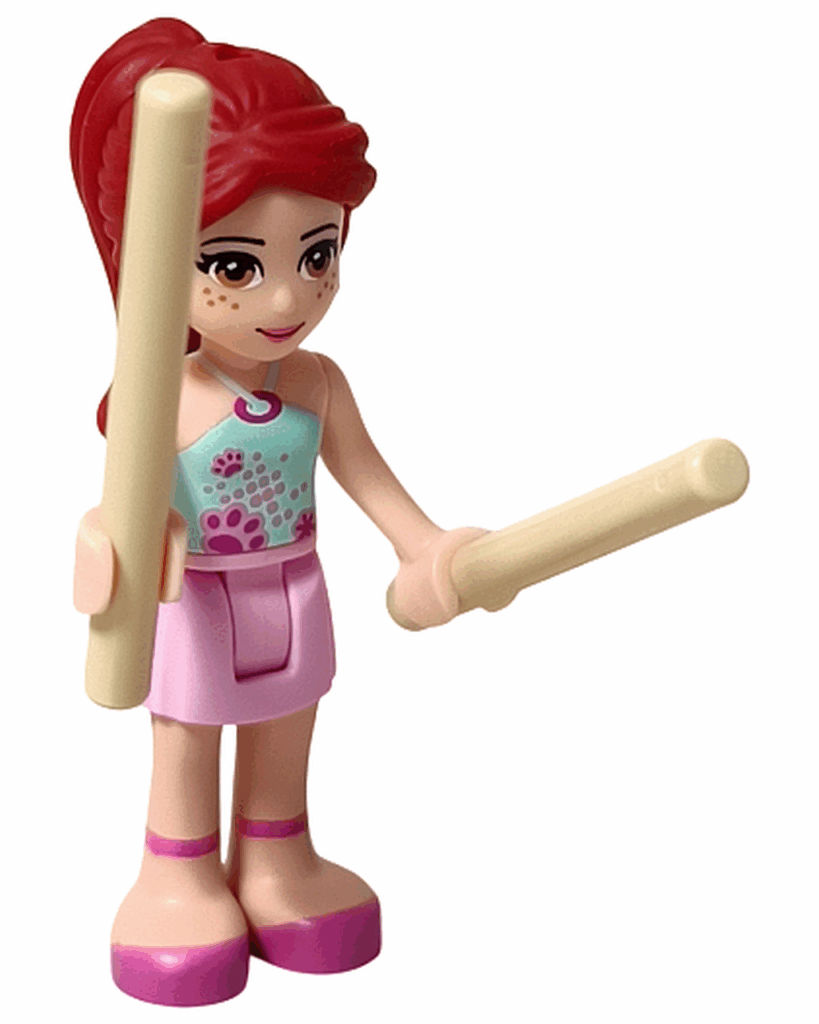 レゴ フレンズ 3939 ルームデコセット ミアのミニドール。両手にベージュのドラムスティックを持っている