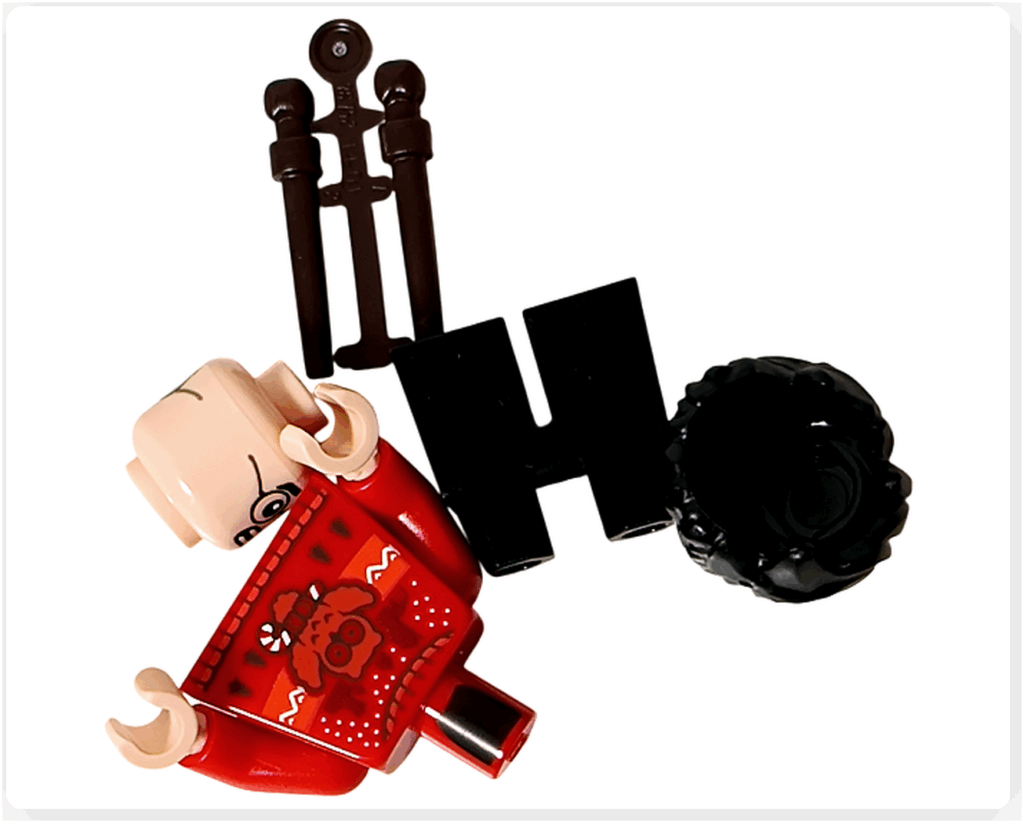 LEGO Harry Potter 76456「ハリー・ポッター アドベントカレンダー2025」1日目のパーツ。 ハリー・ポッターの頭部、赤いセーターの胴体、黒い脚パーツ、髪パーツ、杖2本が並ぶ。 セーターにはフクロウ柄のプリントが入っている。