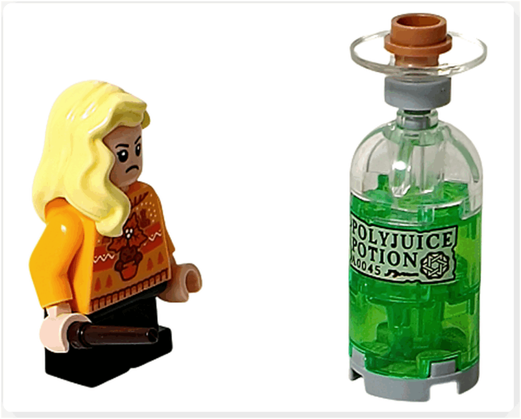 LEGO Harry Potter 76456「ハリー・ポッター アドベントカレンダー2025」 ハンナ・アボットのミニフィギュアが、緑色のボトル（ポリジュース薬）を見つめている。 背景に淡いグレーのパーツや小瓶が並ぶ構図で、魔法薬の雰囲気を表現している。