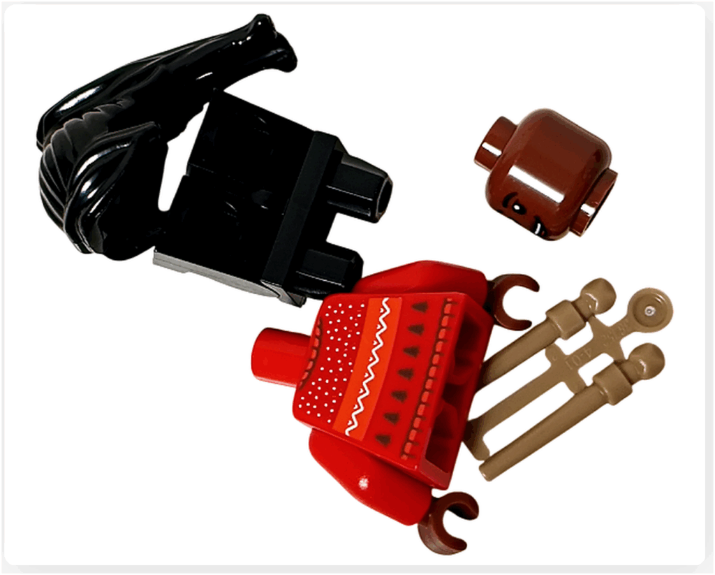 LEGO Harry Potter 76456「ハリー・ポッター アドベントカレンダー2025」13日目のアンジェリーナ・ジョンソンのパーツ。 赤いセーター、黒髪のヘアパーツ、黒い脚部、茶色の腕パーツが並んでいる。 グリフィンドールカラーが印象的なデザイン。