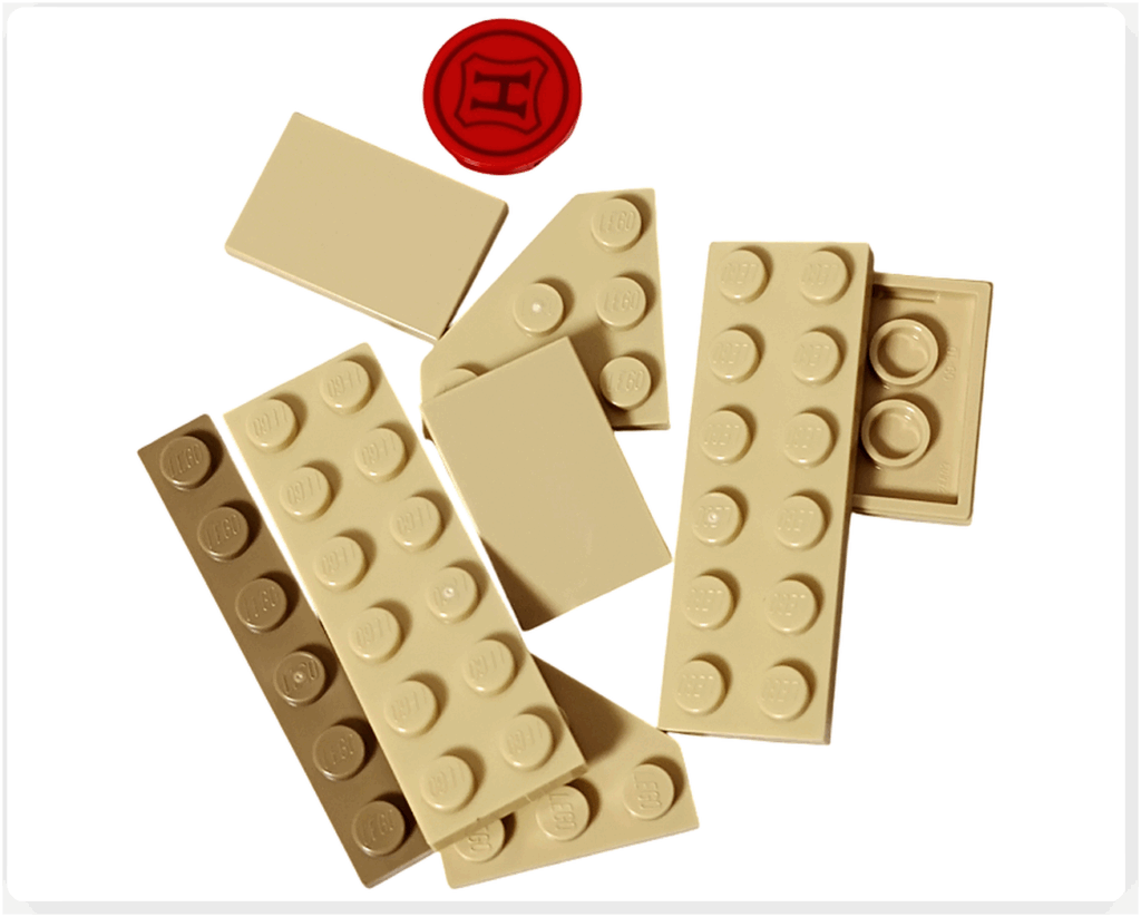 LEGO Harry Potter 76456「ハリー・ポッター アドベントカレンダー2025」3日目のパーツ。 ベージュとタンカラーのプレートに、赤い丸いパーツ（封蝋デザイン）が含まれている。 ホグワーツ入学許可証を組み立てるための構成。