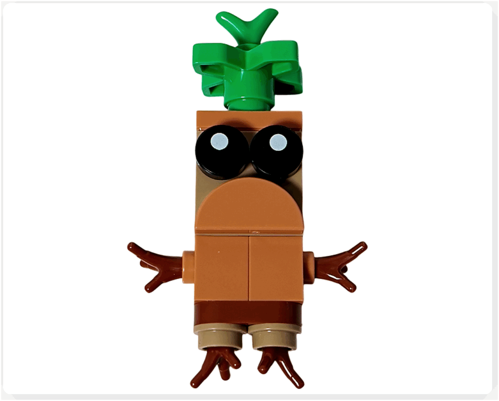 LEGO Harry Potter 76456 アドベントカレンダー2025の23日目マンドレイク完成。 緑の葉を頭に持ち、大きな黒い目と茶色の枝の手足を備えたミニモデル。