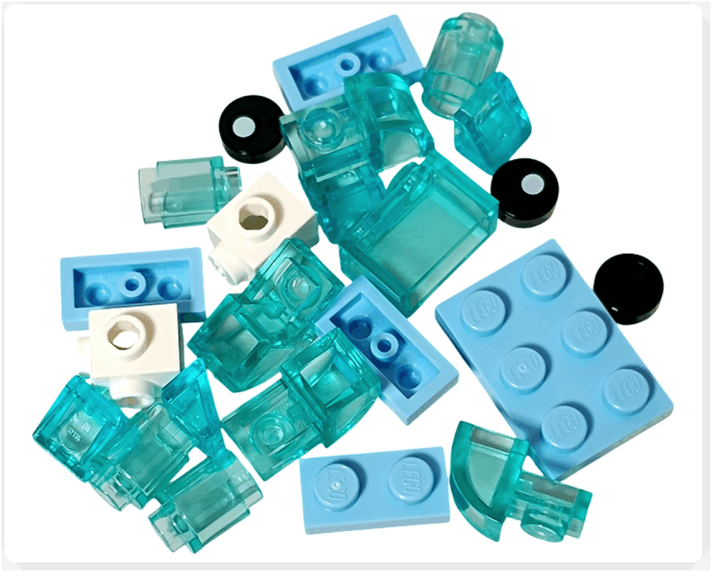 LEGO Harry Potter 76456 アドベントカレンダー2025のスタッグ・パトローナス用パーツ。 ライトブルーとトランスブルーのブロックが並ぶ。