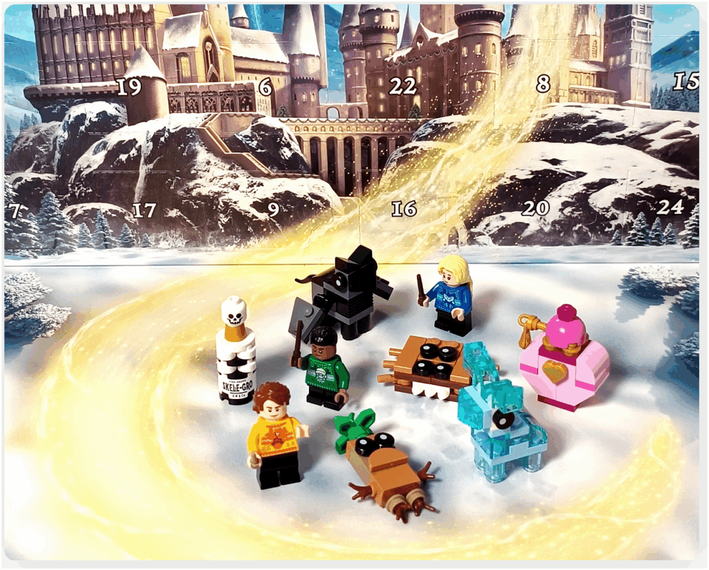 LEGO Harry Potter 76456「ハリー・ポッター アドベントカレンダー2025」第3部（16〜24日目）のまとめ。 ホグワーツ城を背景に、ルーナ・ラブグッド、セドリック・ディゴリー、ブレーズ・ザビニらのミニフィギュアと 魔法生物・アイテム（サストラル、マンドレイク、アモーテンシア、スケレ・グロ、怪物的な怪物の本、スタッグ・パトローナス）が並ぶ。 金色の光の軌跡に包まれた構図で、冬の魔法界の“記憶と光”を表現している。
