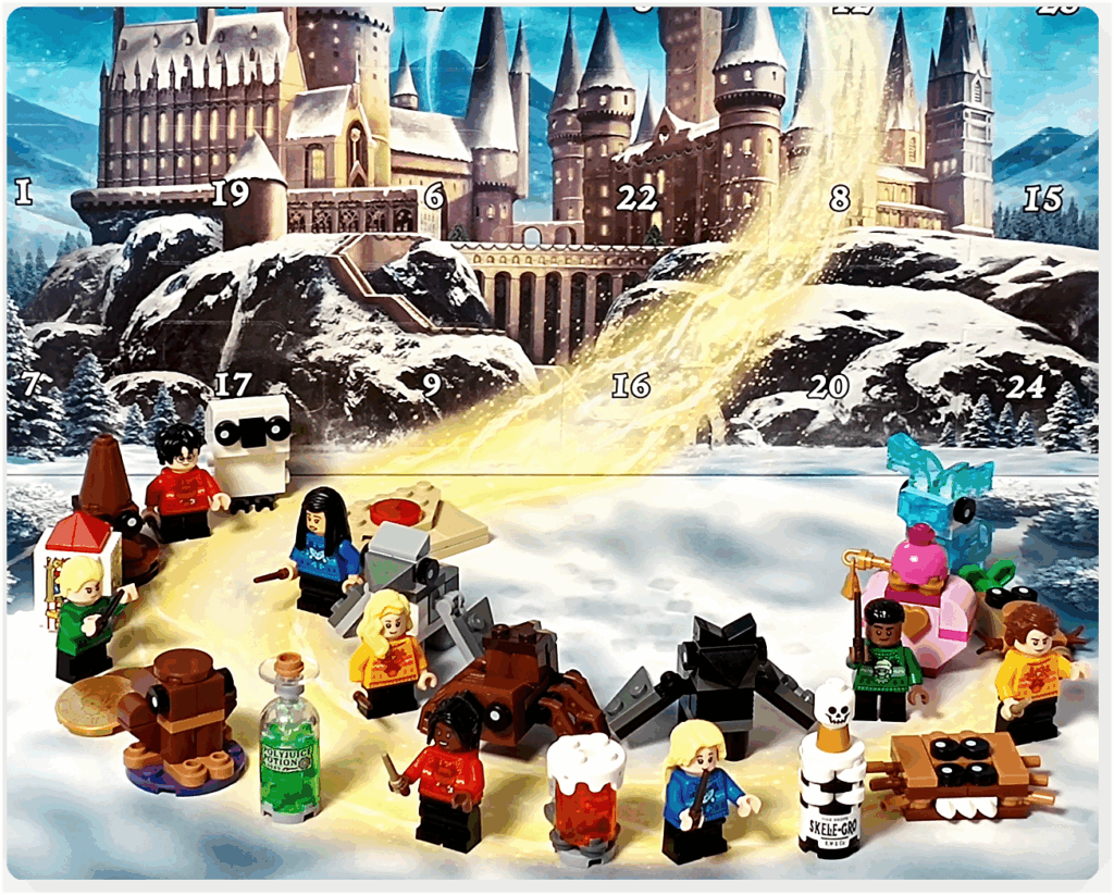 LEGO Harry Potter 76456「ハリー・ポッター アドベントカレンダー2025」全体まとめ。 ホグワーツ城を背景に、ハリー、チョウ、ルーナ、ドラコ、ハンナ、セドリック、ブレーズらのミニフィギュアを配置。 バックビーク、アラゴグ、マンドレイク、スタッグ・パトローナスなど魔法生物やアイテムが金色の光の軌跡に沿って並び、 24日間のアドベントカレンダーの物語を象徴する構図になっている。