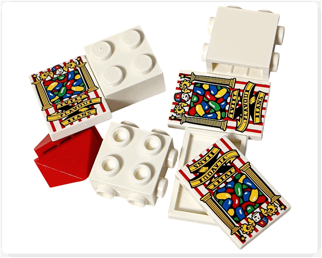 LEGO Harry Potter 76456「ハリー・ポッター アドベントカレンダー2025」6日目のパーツ。 白と赤のストライプ模様にカラフルなビーンズが描かれたプリントパーツを含む構成で、 「バーティー・ボッツの百味ビーンズ」箱を再現するブロック一式。