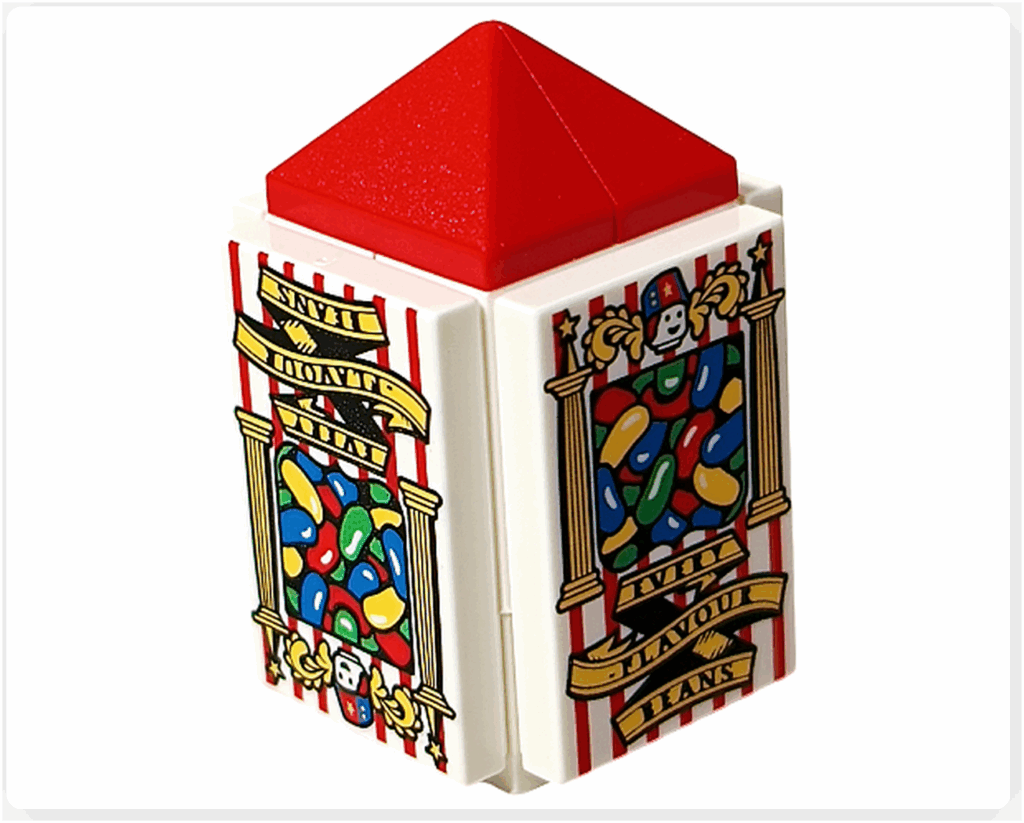 LEGO Harry Potter 76456「ハリー・ポッター アドベントカレンダー2025」6日目完成。 赤い屋根と白地に赤ストライプの側面を持つ箱型モデル。 前後にカラフルなビーンズプリントパーツが配置されている。