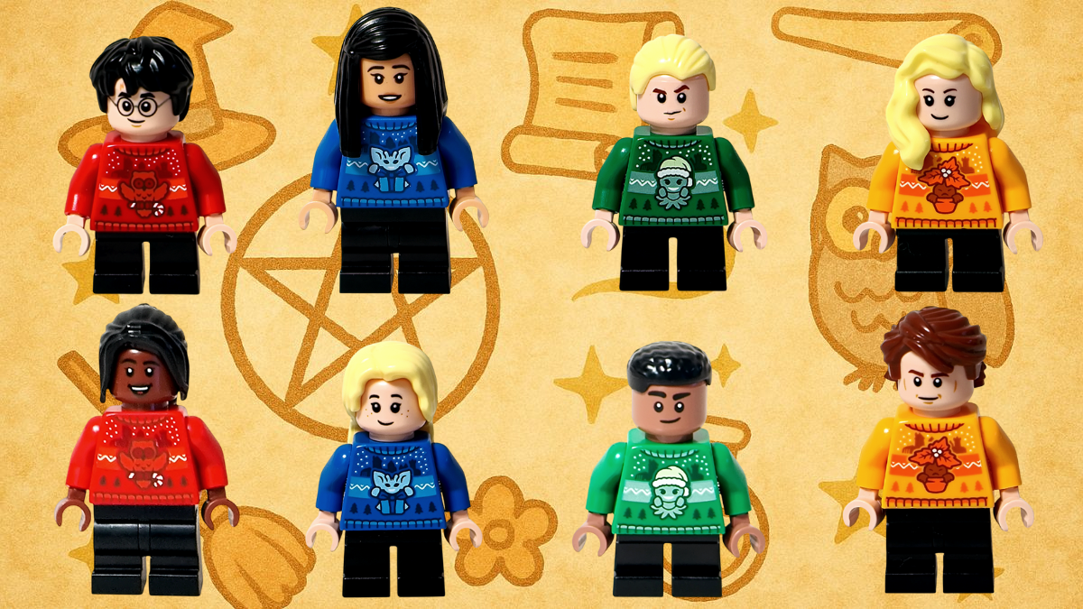 LEGO Harry Potter 76456「アドベントカレンダー2025（Harry Potter Advent Calendar 2025）」登場キャラクター全8体のミニフィギュア。冬のホグワーツを彩るセーター姿の生徒たちを並べた集合イメージ。