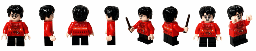 LEGO Harry Potter 76456「アドベントカレンダー2025（Harry Potter Advent Calendar 2025）」登場キャラクター、ハリー・ポッターのミニフィギュア。 赤いセーター姿で杖を持ち、冬のホグワーツを表現。