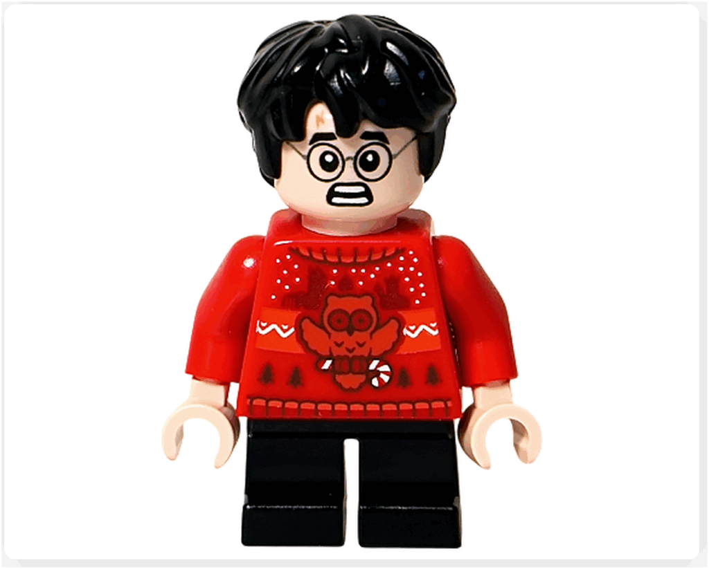 LEGO Harry Potter 76456「アドベントカレンダー2025（Harry Potter Advent Calendar 2025）」登場キャラクター、ハリー・ポッターのミニフィギュア。 驚いた表情で、赤いセーターにフクロウ柄の冬服を着ている。