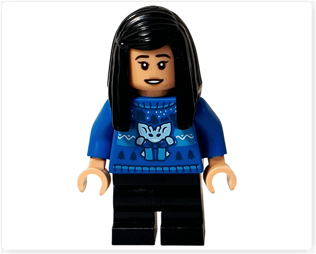 LEGO Harry Potter 76456「アドベントカレンダー2025（Harry Potter Advent Calendar 2025）」登場キャラクター、チョウ・チャンのミニフィギュア。 青いセーターに魔法生物のモチーフが描かれた冬の衣装。