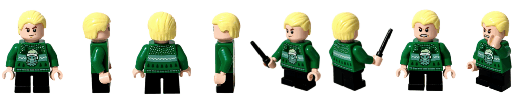 LEGO Harry Potter 76456「アドベントカレンダー2025（Harry Potter Advent Calendar 2025）」登場キャラクター、ドラコ・マルフォイのミニフィギュア。 緑のセーター姿で杖を持つ冬のホグワーツ生徒。