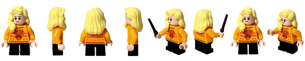 LEGO Harry Potter 76456「アドベントカレンダー2025（Harry Potter Advent Calendar 2025）」登場キャラクター、ハンナ・アボットのミニフィギュア。 オレンジのセーター姿で杖を持つ冬のホグワーツ生徒。