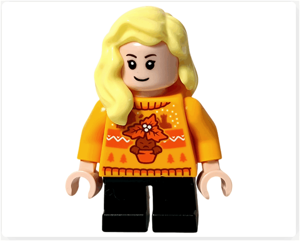 LEGO Harry Potter 76456「アドベントカレンダー2025（Harry Potter Advent Calendar 2025）」登場キャラクター、ハンナ・アボットのミニフィギュア。 オレンジのセーターにポインセチアの模様が描かれた冬の衣装。