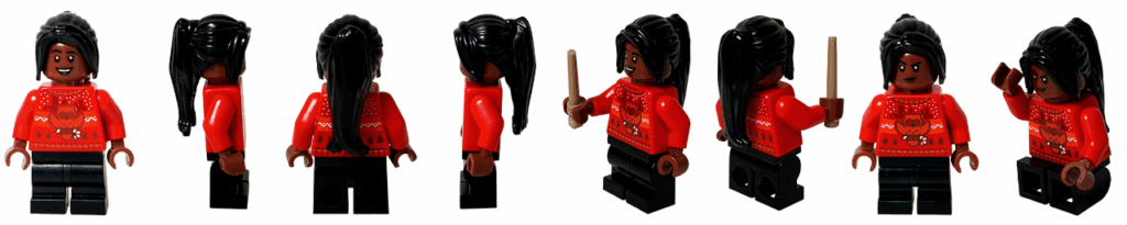 LEGO Harry Potter 76456「アドベントカレンダー2025（Harry Potter Advent Calendar 2025）」登場キャラクター、アンジェリーナ・ジョンソンのミニフィギュア。 赤いセーター姿で杖を持つ冬のホグワーツ生徒。