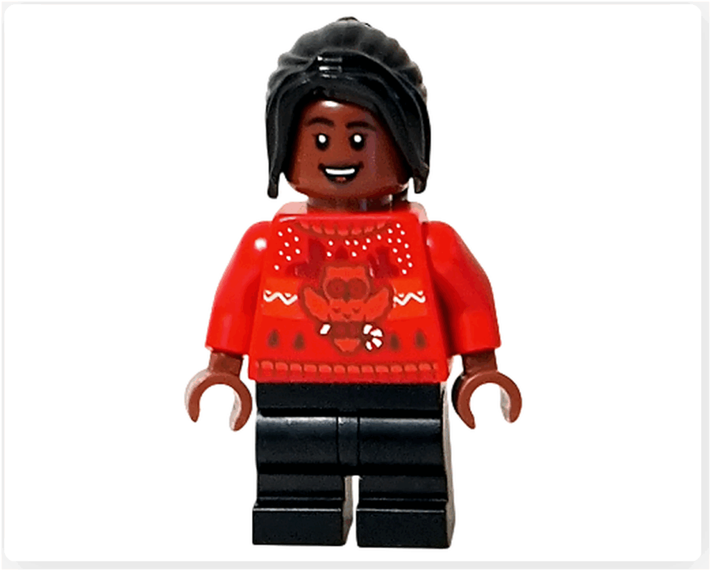 LEGO Harry Potter 76456「アドベントカレンダー2025（Harry Potter Advent Calendar 2025）」登場キャラクター、アンジェリーナ・ジョンソンのミニフィギュア。 赤いセーターにふくろう柄のプリントがある冬の衣装。