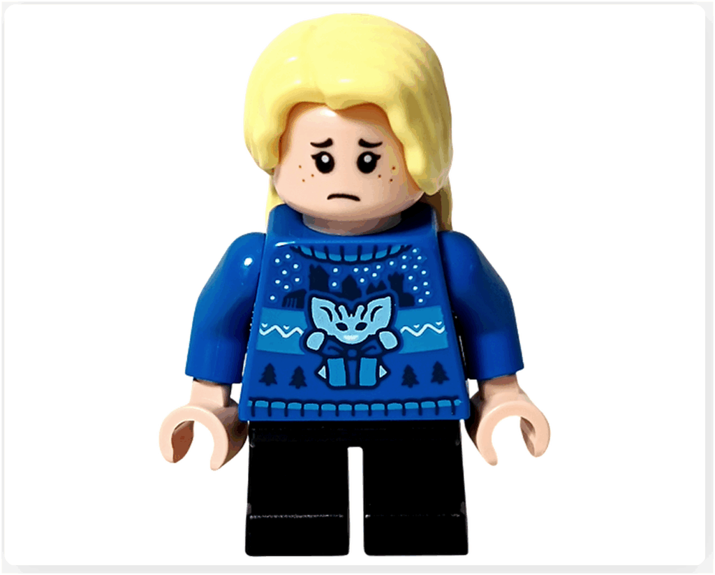 LEGO Harry Potter 76456「アドベントカレンダー2025」登場キャラクター、ルーナ・ラブグッドのミニフィギュア。 悲しそうな表情で青いセーターを着た冬の衣装。