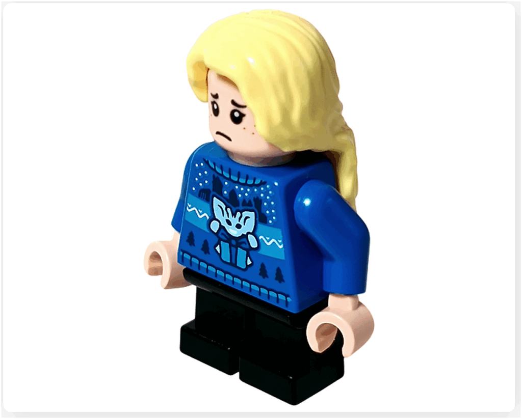 LEGO Harry Potter 76456「アドベントカレンダー2025」登場キャラクター、ルーナ・ラブグッドのミニフィギュア。 悲しそうな表情でうつむきポーズをとる青いセーター姿。