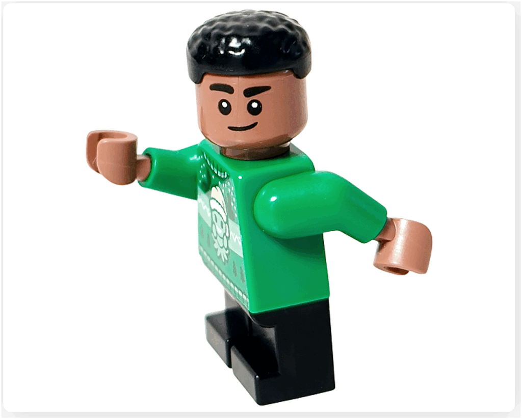 LEGO Harry Potter 76456「アドベントカレンダー2025」登場キャラクター、ブレーズ・ザビニのミニフィギュア。 笑顔で動きのあるポーズをとる緑のセーター姿。