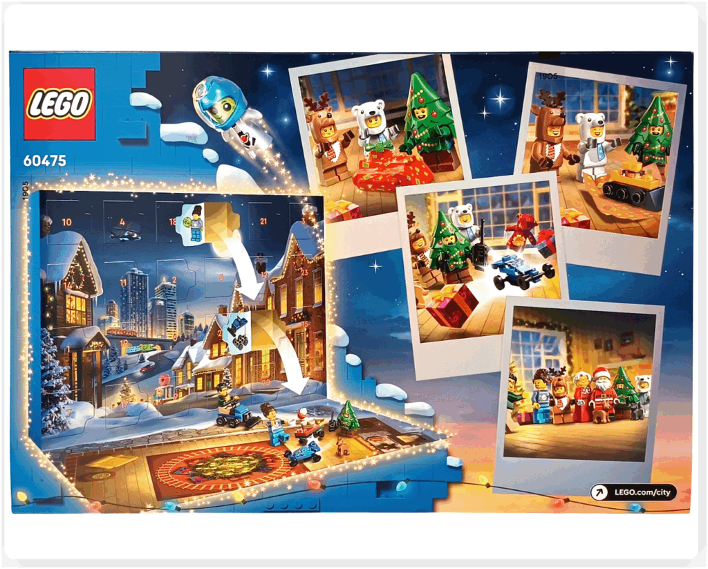 LEGO CITY 60475 Advent Calendar 2025のパッケージ背面。24日分のミニモデル構成例やアドベント形式がイラストで示された裏面デザイン。