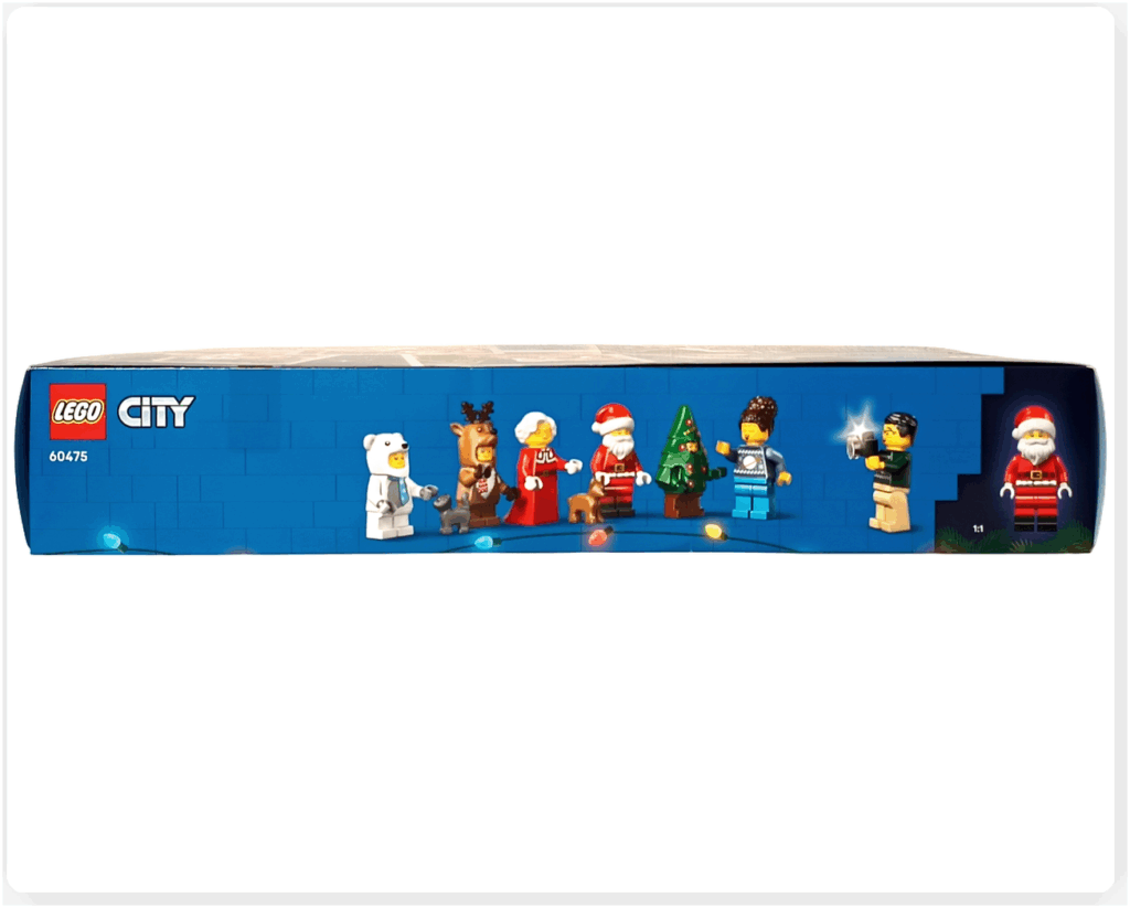 LEGO CITY 60475 Advent Calendar 2025の側面パネル。キャラクター紹介や注意事項が記載されたサイド部分のデザイン。