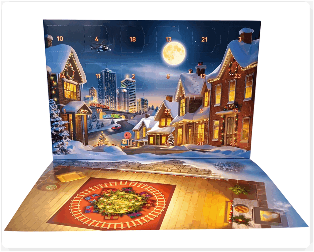 LEGO CITY 60475 Advent Calendar 2025のプレイマット。ボードを開いた状態で、おもちゃ部屋をモチーフにした背景イラストが広がっている。