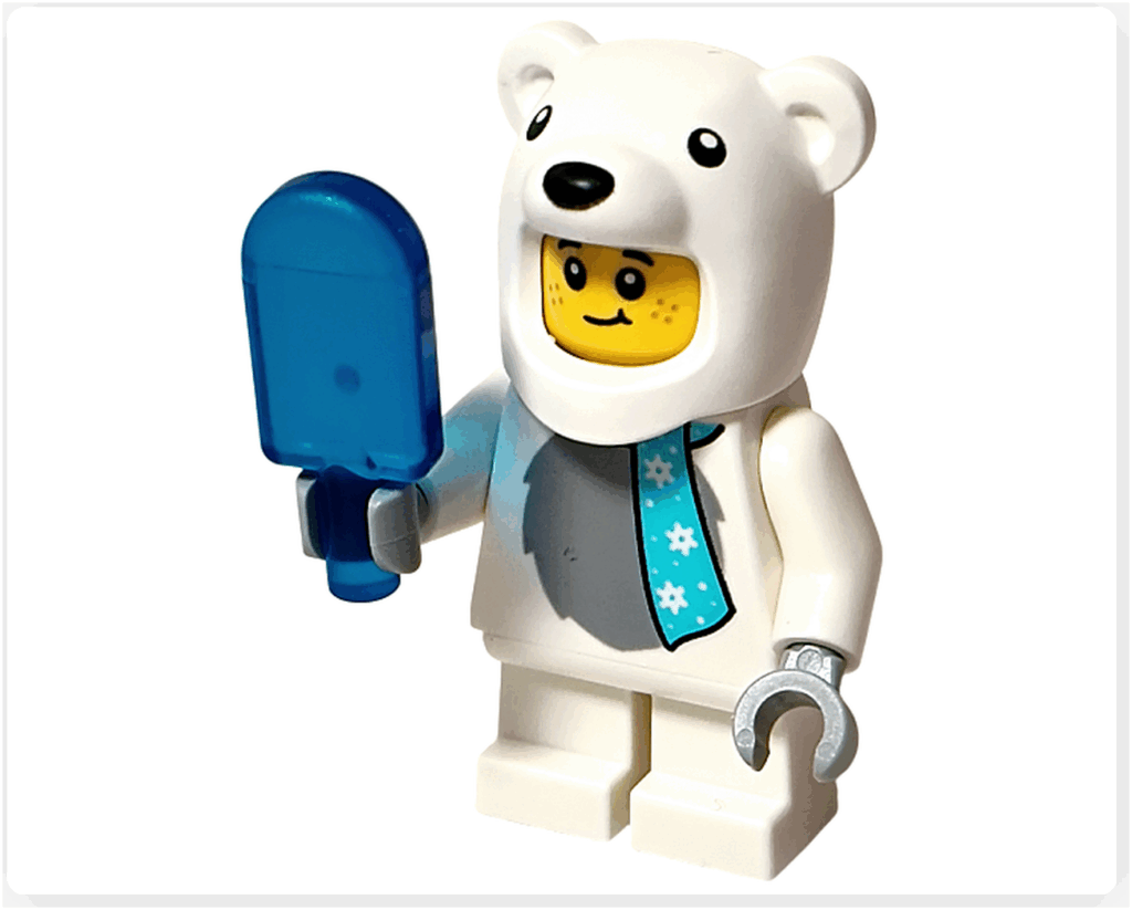 LEGO CITY 60475 Advent Calendar 2025（1日目）ホッキョクグマコスチュームミニフィグの完成形。白い着ぐるみとアイスキャンディーを持つ正面アングル。