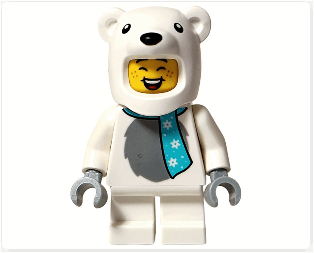 LEGO CITY 60475 Advent Calendar 2025（1日目）ホッキョクグマコスチュームミニフィグの別表情。着ぐるみフードの中に満面の笑顔の頭部が見える。